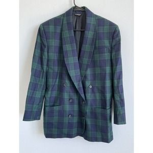 PBM Nordstrom Women Blazer 100% Pure Wool Tartan Plaid Blue Green Size 12
